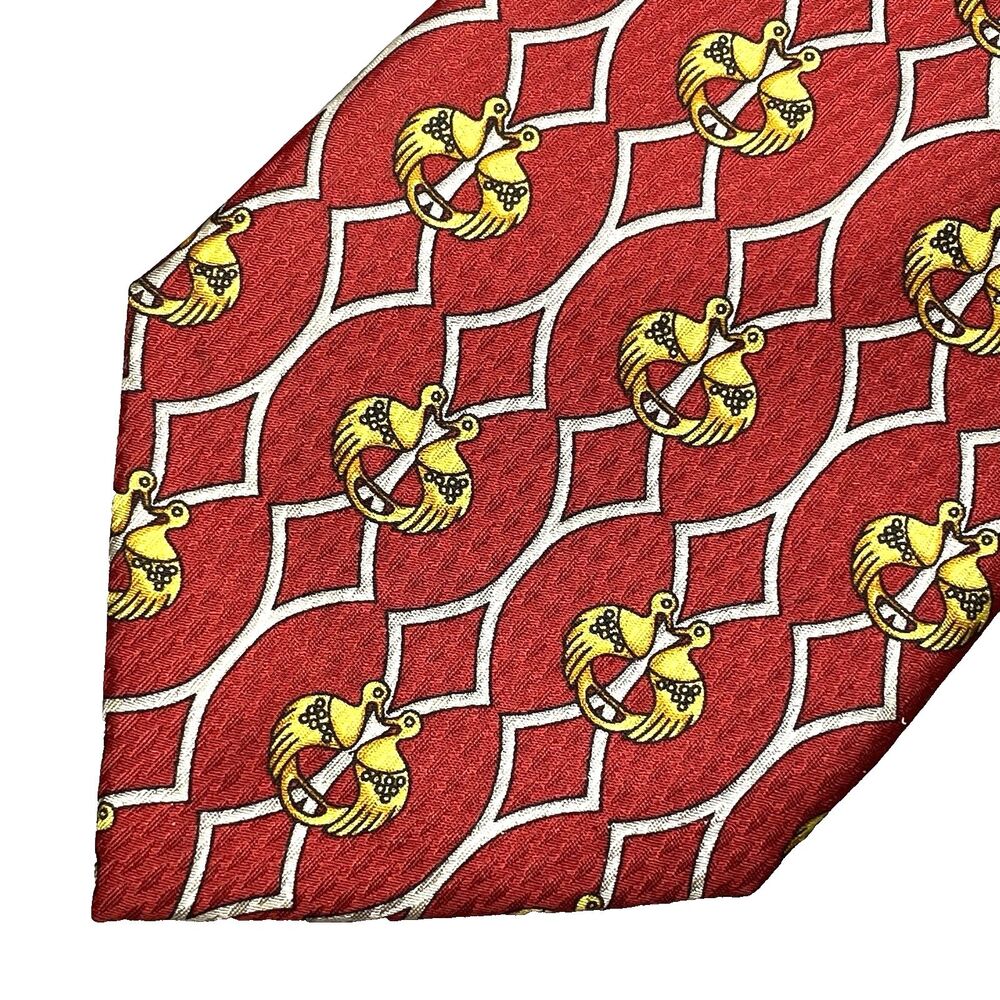 Richel Silk Tie Handmade Spain Equestrian Bird Motif Vintage 90s Red Mens